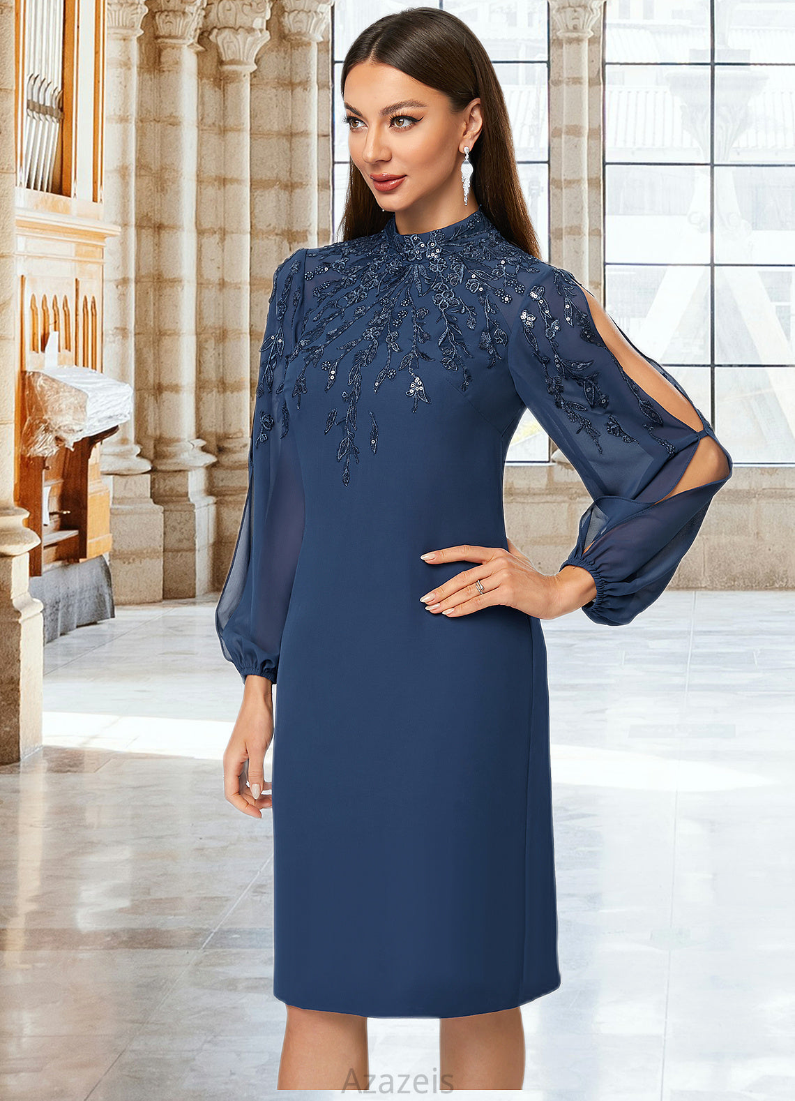 Yareli Sheath/Column High Neck Knee-Length Chiffon Cocktail Dress With Appliques Lace Sequins DFP0022408