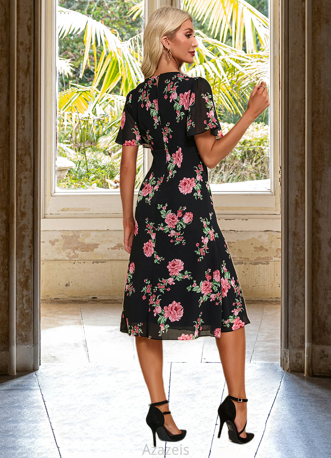 Lynn Floral Print V-Neck Elegant A-line Chiffon Midi Dresses DFP0022424