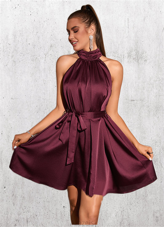 Lisa Ruffle High Neck Elegant A-line Satin Mini Dresses DFP0022436