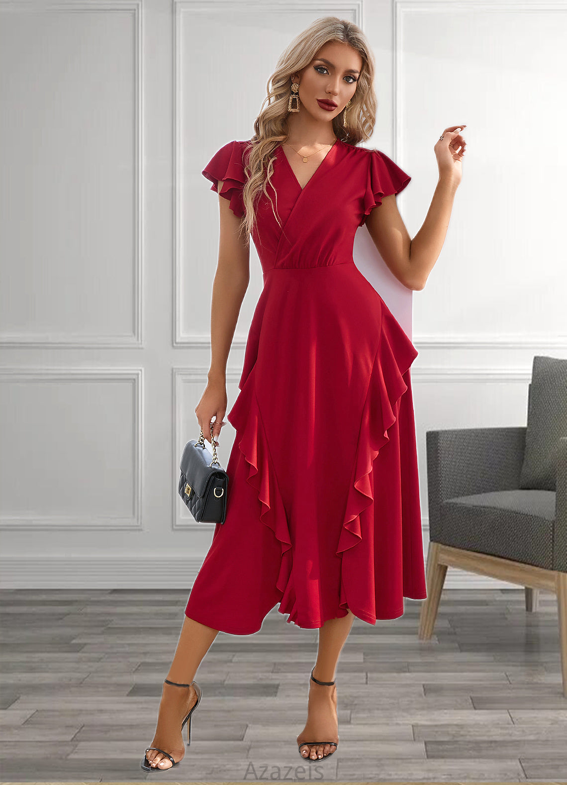 LuLu Cascading Ruffles V-Neck Elegant A-line Cotton Blends Midi Dresses DFP0022444