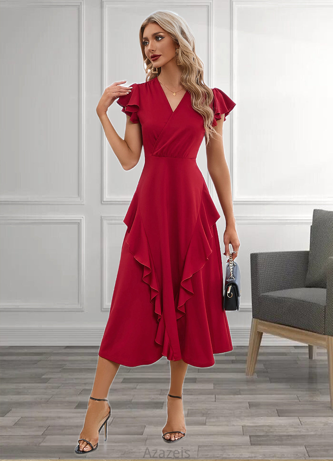 LuLu Cascading Ruffles V-Neck Elegant A-line Cotton Blends Midi Dresses DFP0022444