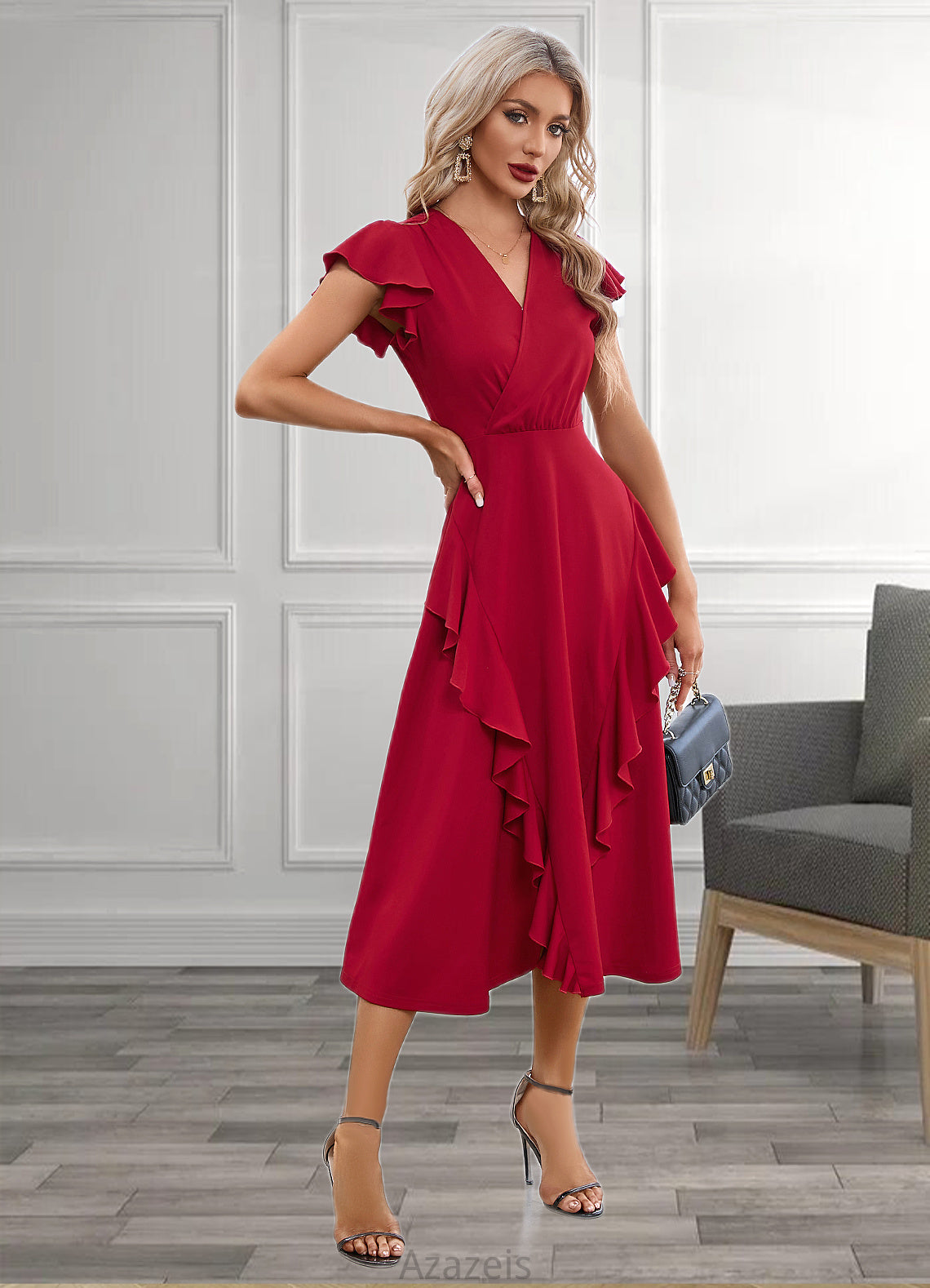 LuLu Cascading Ruffles V-Neck Elegant A-line Cotton Blends Midi Dresses DFP0022444