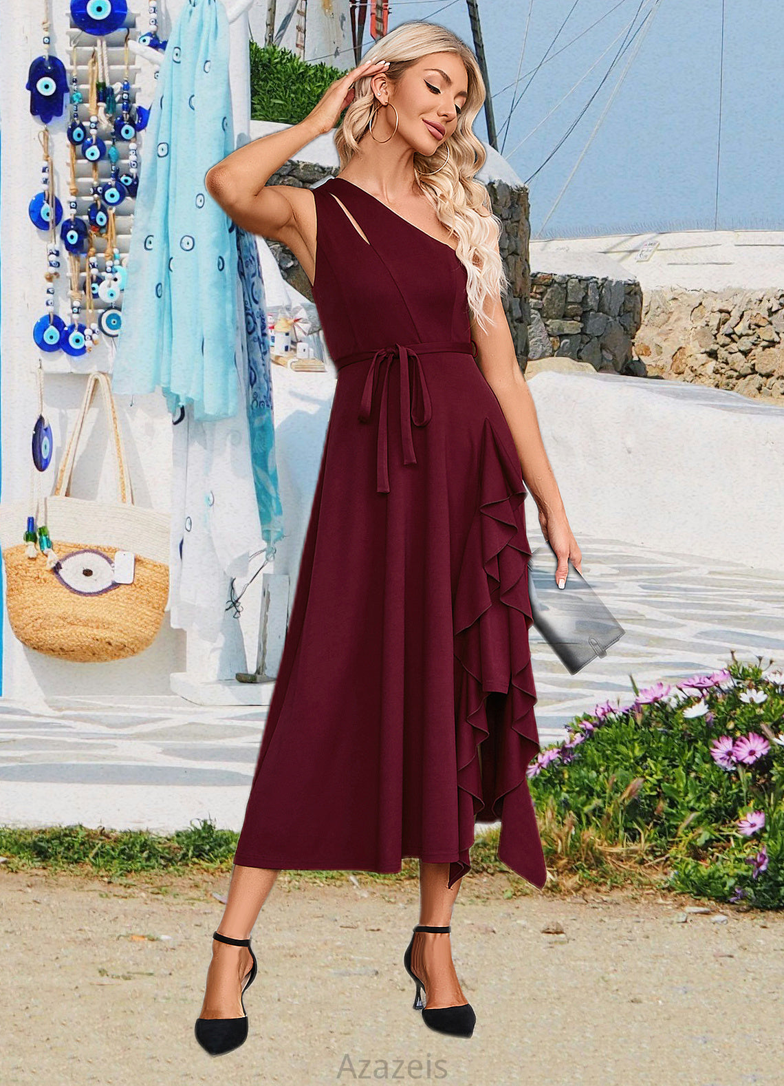 Kaley Cascading Ruffles One Shoulder Elegant A-line Cotton Blends Maxi Dresses DFP0022445