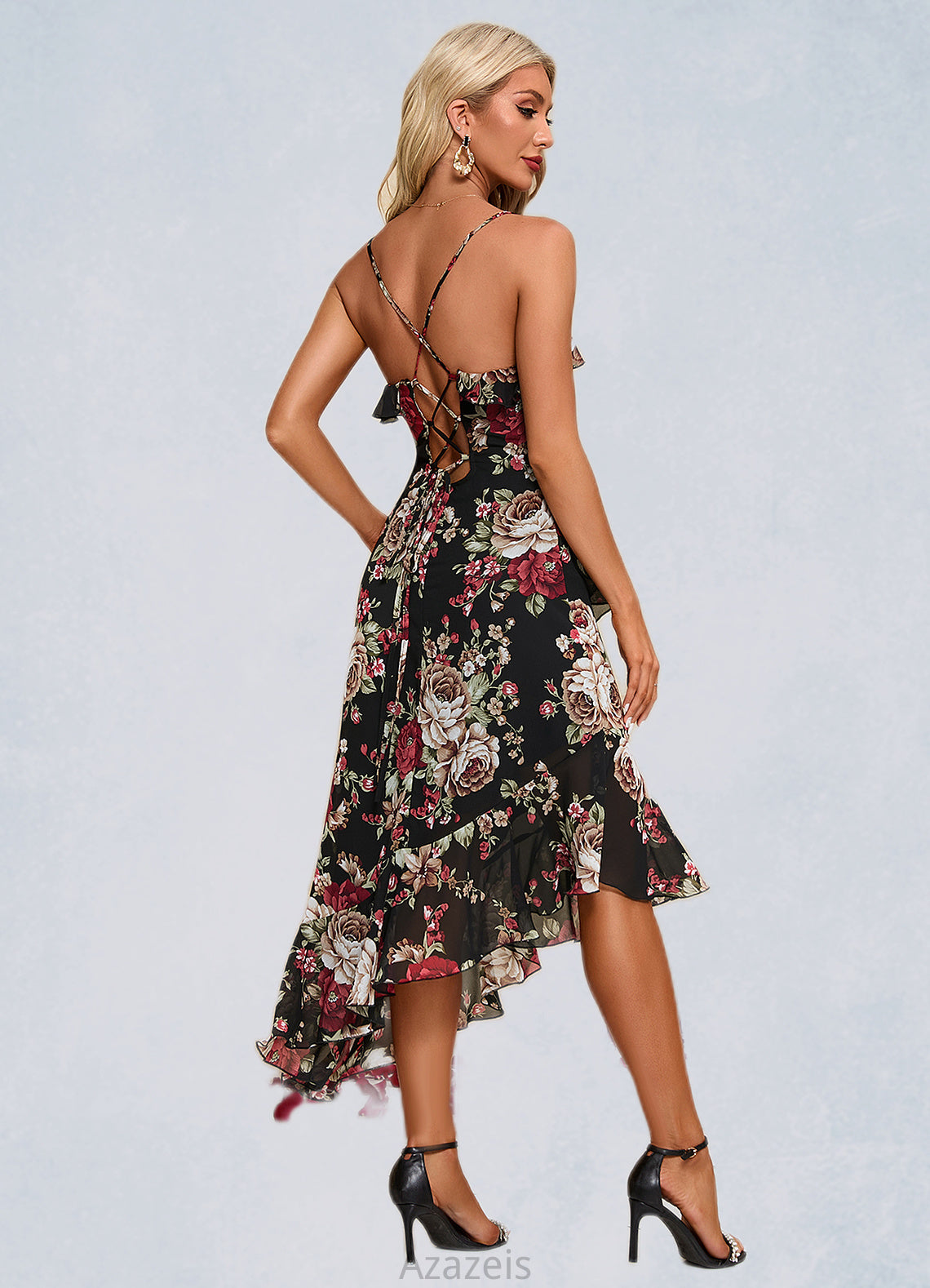 Ashtyn Ruffle Floral Print V-Neck Elegant A-line Chiffon Asymmetrical Dresses DFP0022447