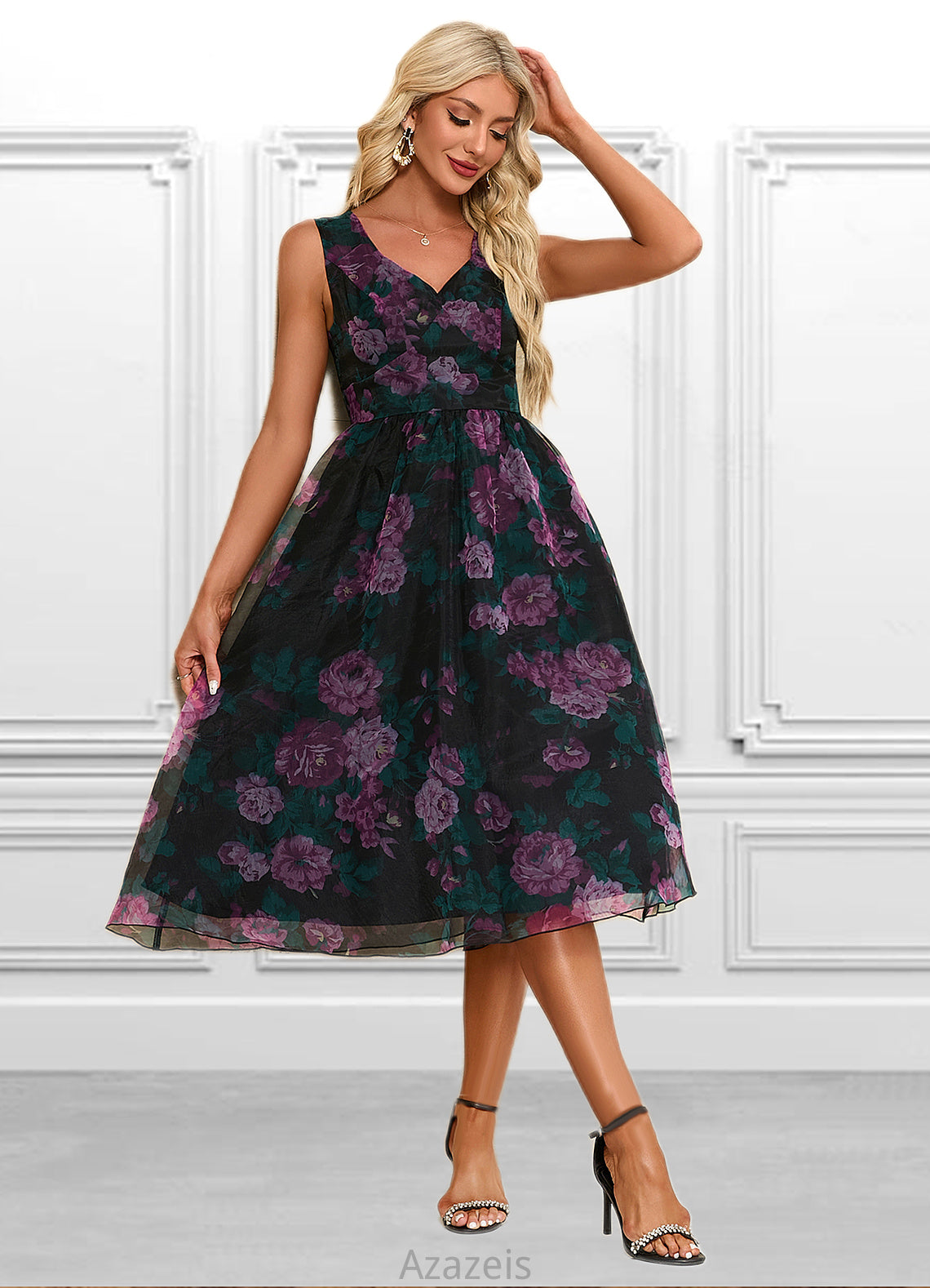 Rosalie Floral Print Sweetheart Elegant A-line Organza Midi Dresses DFP0022454