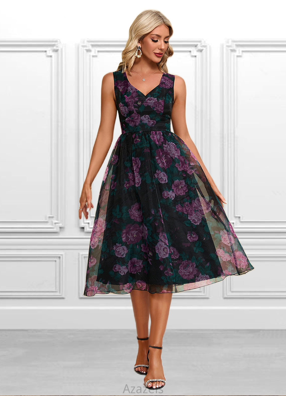 Rosalie Floral Print Sweetheart Elegant A-line Organza Midi Dresses DFP0022454