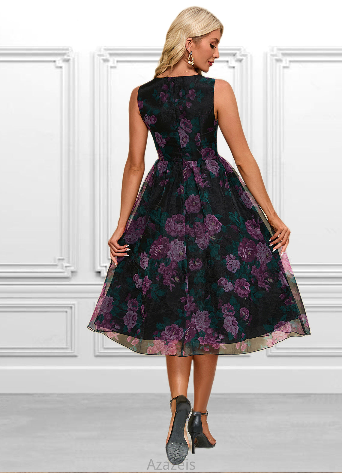 Rosalie Floral Print Sweetheart Elegant A-line Organza Midi Dresses DFP0022454