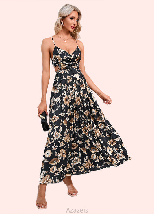 Justice Flower Ruffle Floral Print Cowl Sexy A-line Satin Maxi Dresses DFP0022468