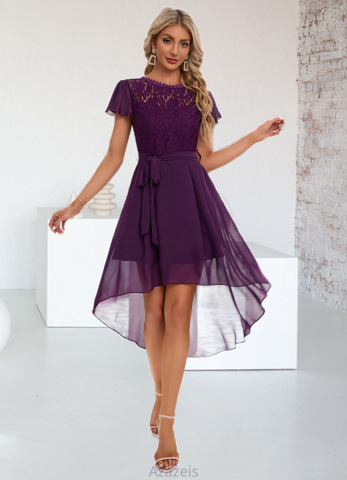 Eleanor Cascading Ruffles Asymmetrical Elegant A-line Chiffon Ankle-Length Dresses DFP0022494