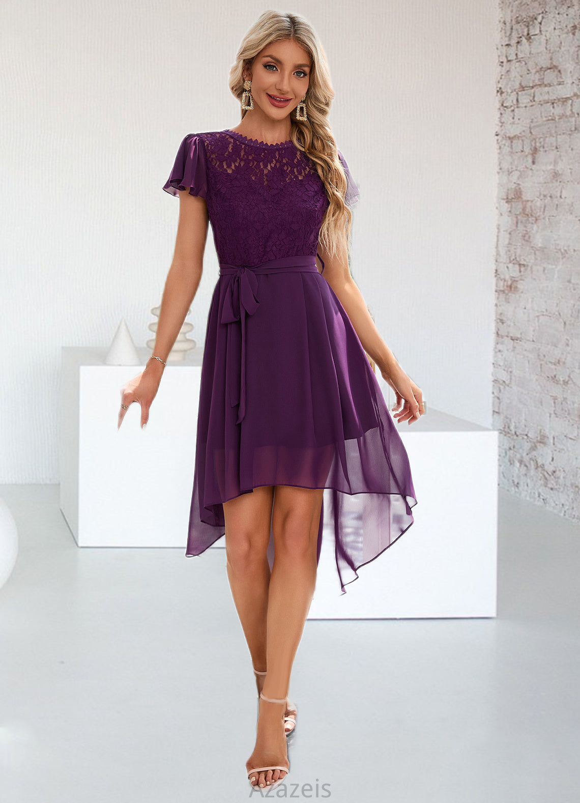 Eleanor Cascading Ruffles Asymmetrical Elegant A-line Chiffon Ankle-Length Dresses DFP0022494