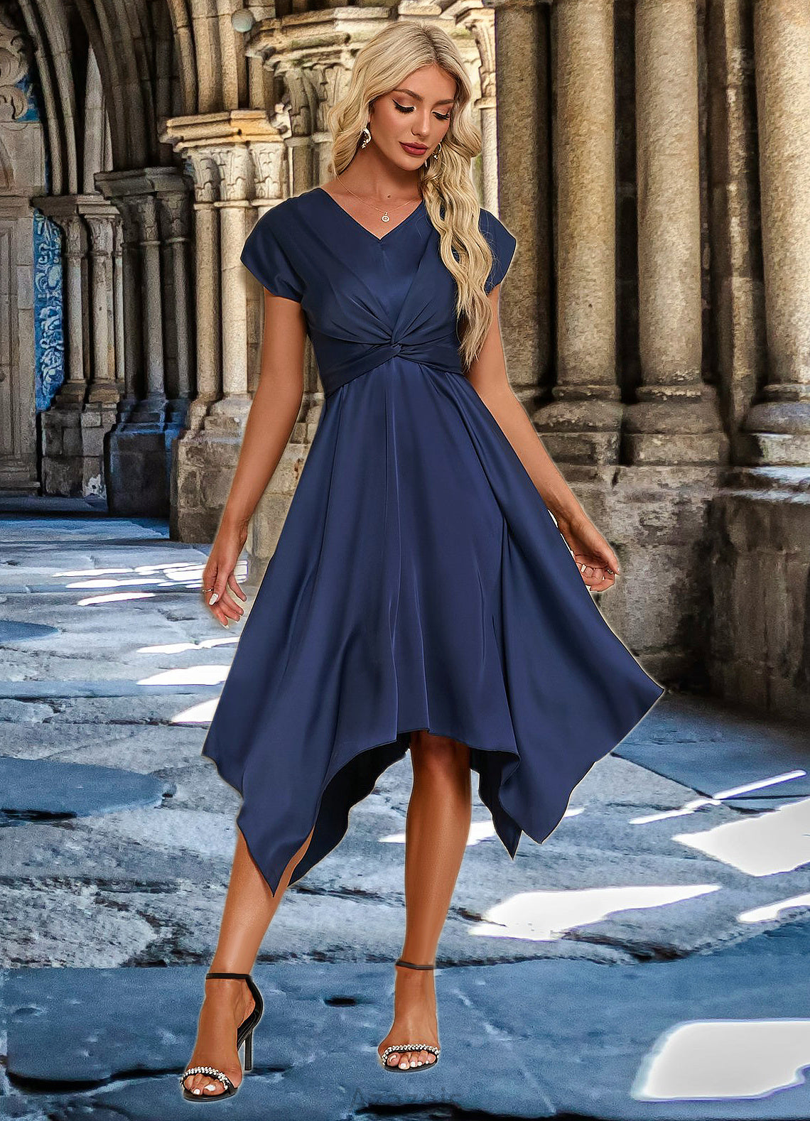 Gladys Bow V-Neck Elegant A-line Satin Asymmetrical Dresses DFP0022506