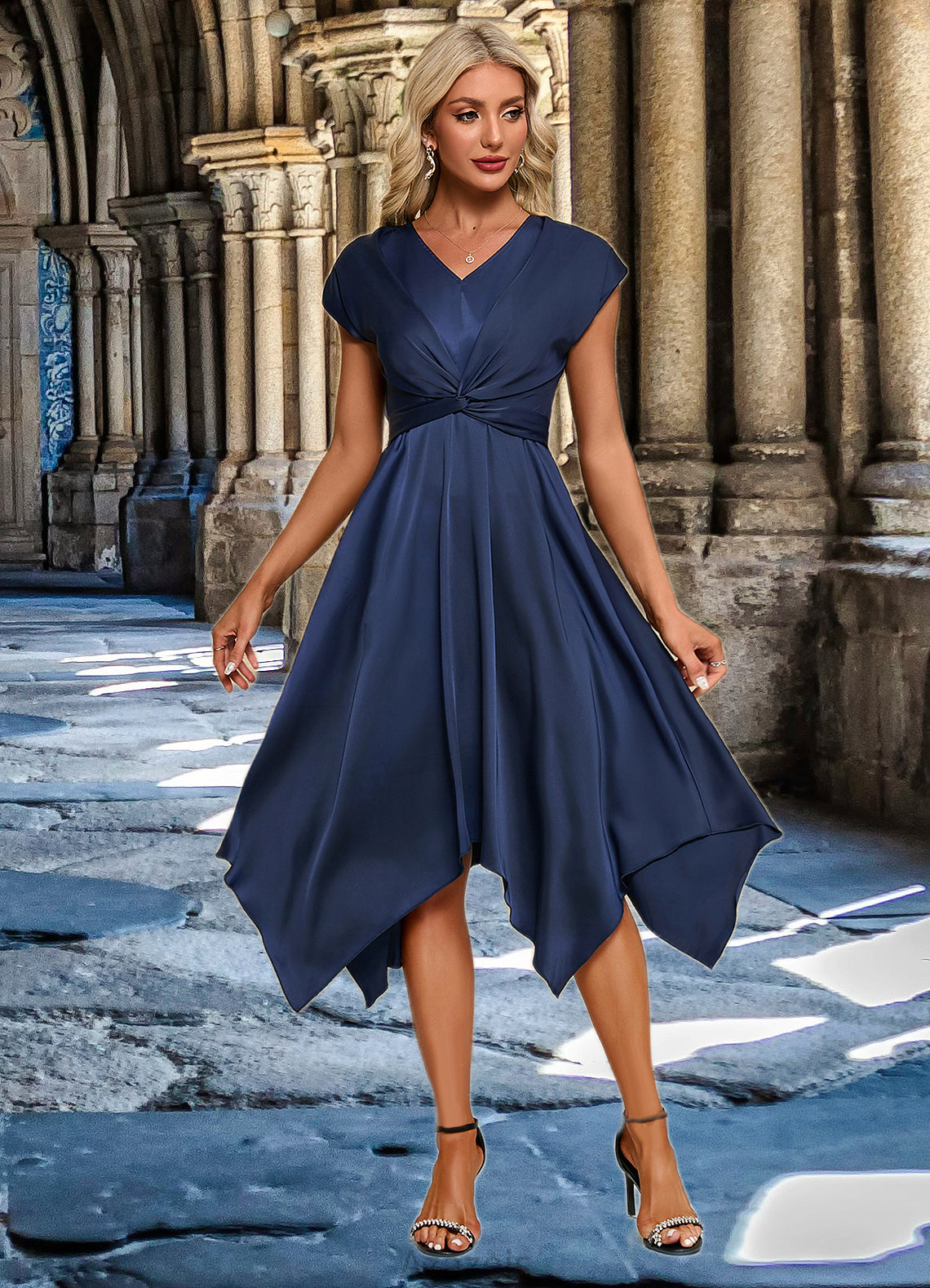 Gladys Bow V-Neck Elegant A-line Satin Asymmetrical Dresses DFP0022506