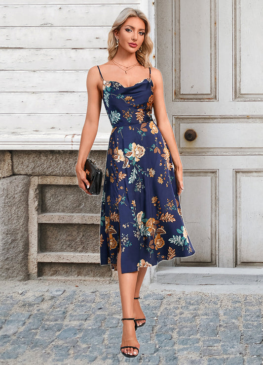 Abbey Floral Print Cowl Elegant A-line Satin Dresses DFP0022508