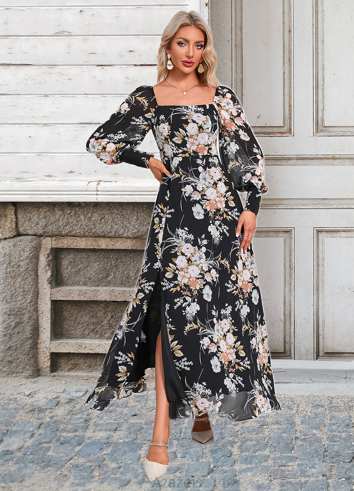 Makayla Floral Print Off the Shoulder Elegant A-line Chiffon Maxi Dresses DFP0022515