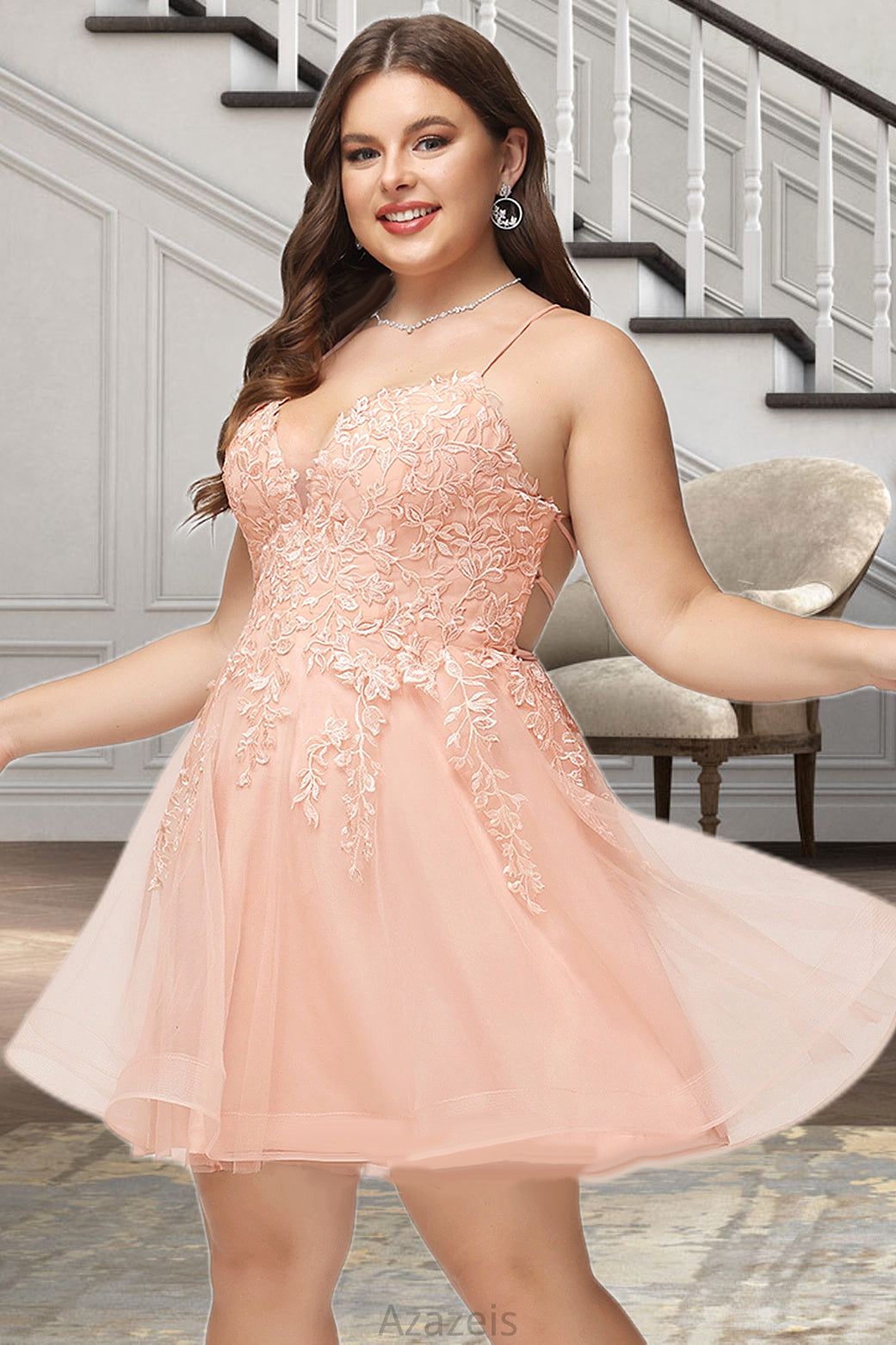 Ainsley A-line V-Neck Short/Mini Lace Tulle Homecoming Dress With Sequins DFP0020500