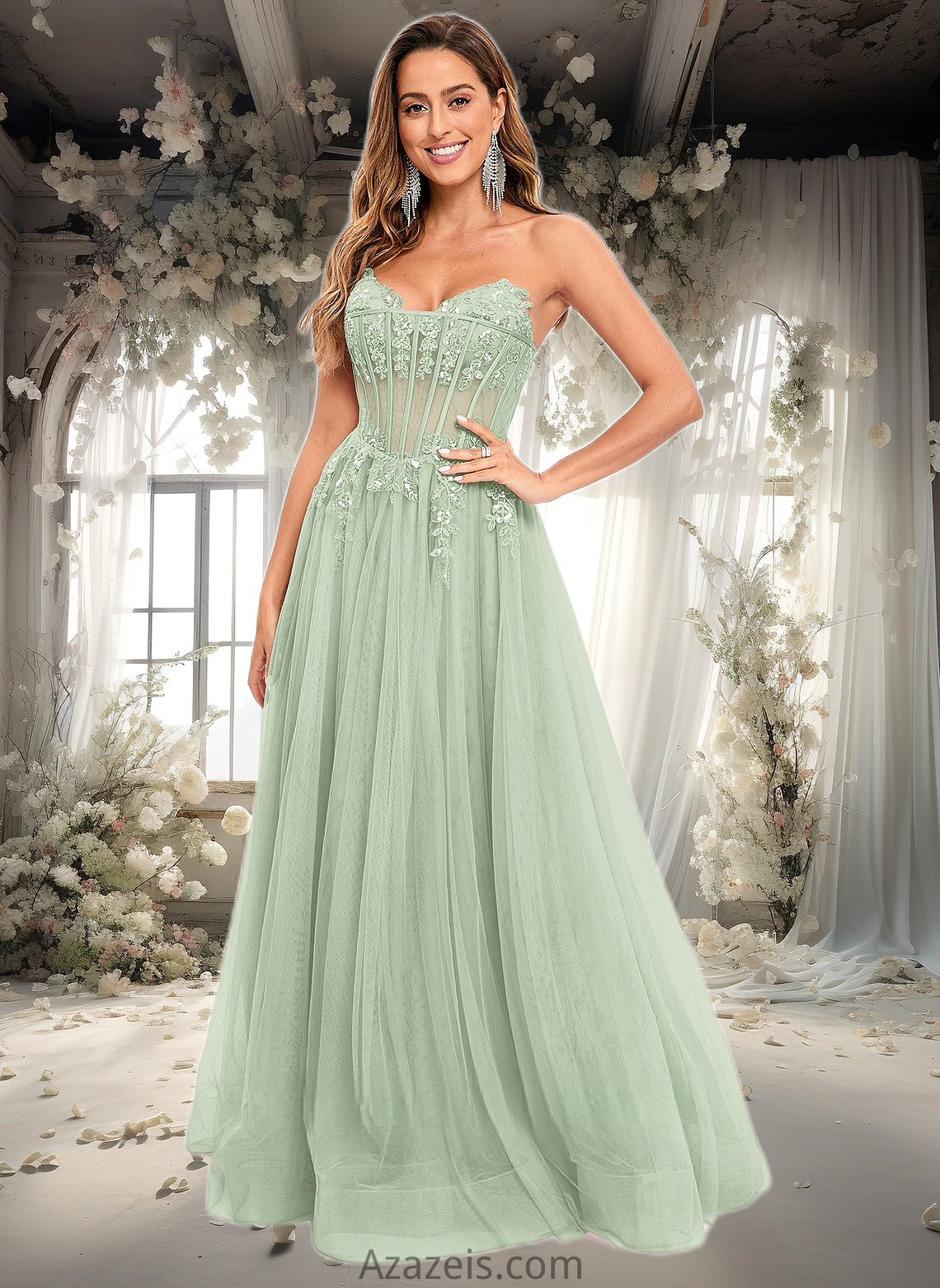 Zoey Ball-Gown/Princess V-Neck Floor-Length Tulle Prom Dresses With Sequins Appliques Lace DFP0025837