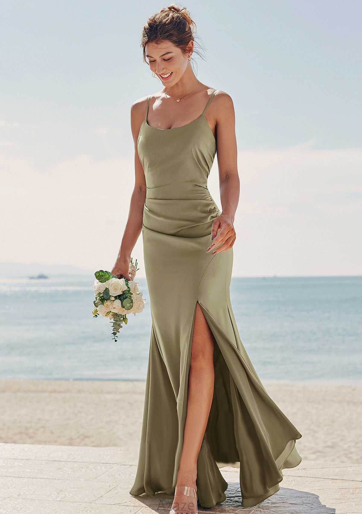 Trumpet/Mermaid Scoop Neck Sleeveless Floor-Length Stretch Satin Bridesmaid Dresses with Pleated Split Leilani DFP0025219