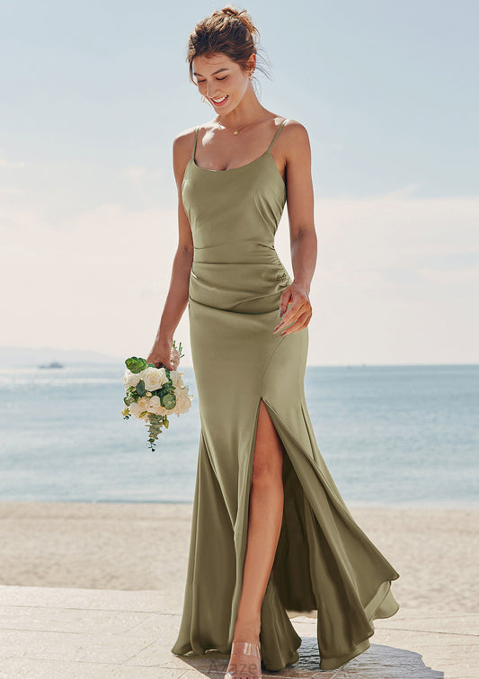 Trumpet/Mermaid Scoop Neck Sleeveless Floor-Length Stretch Satin Bridesmaid Dresses with Pleated Split Leilani DFP0025219