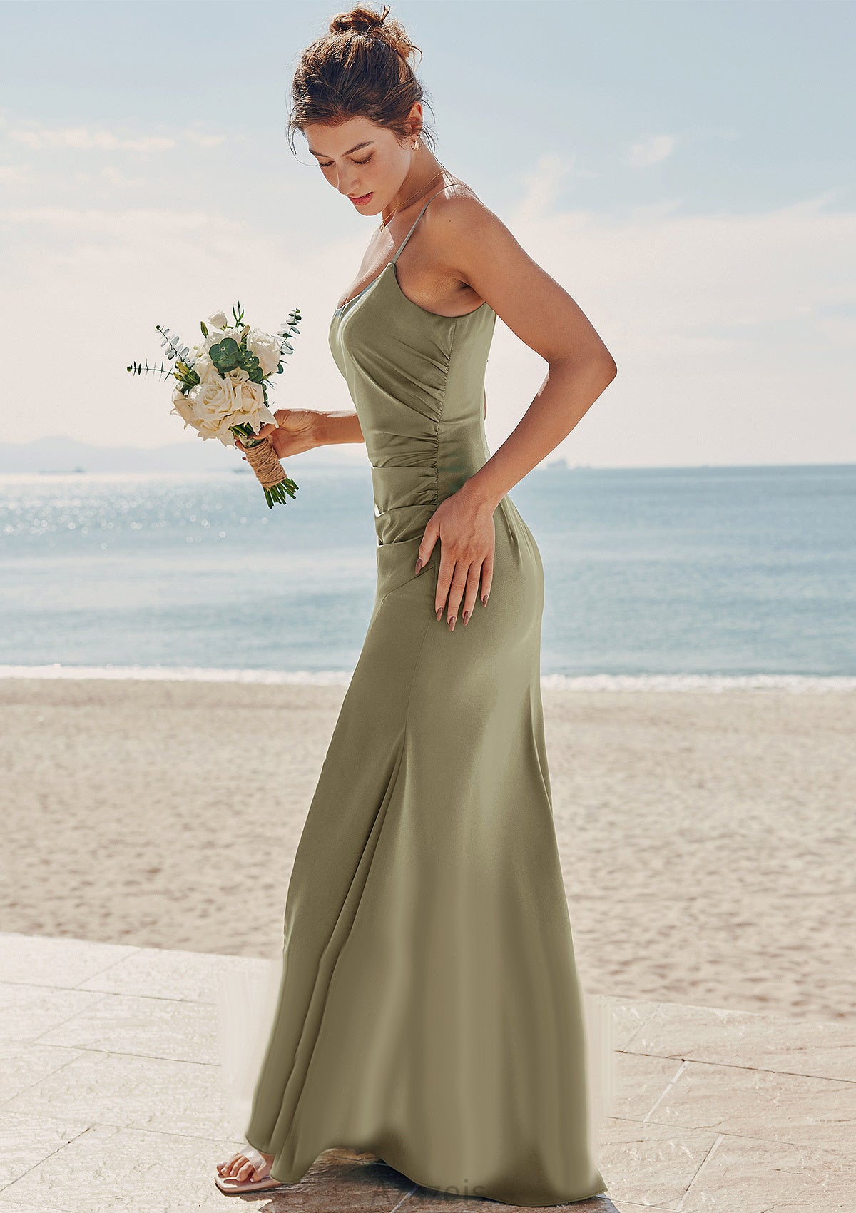 Trumpet/Mermaid Scoop Neck Sleeveless Floor-Length Stretch Satin Bridesmaid Dresses with Pleated Split Leilani DFP0025219