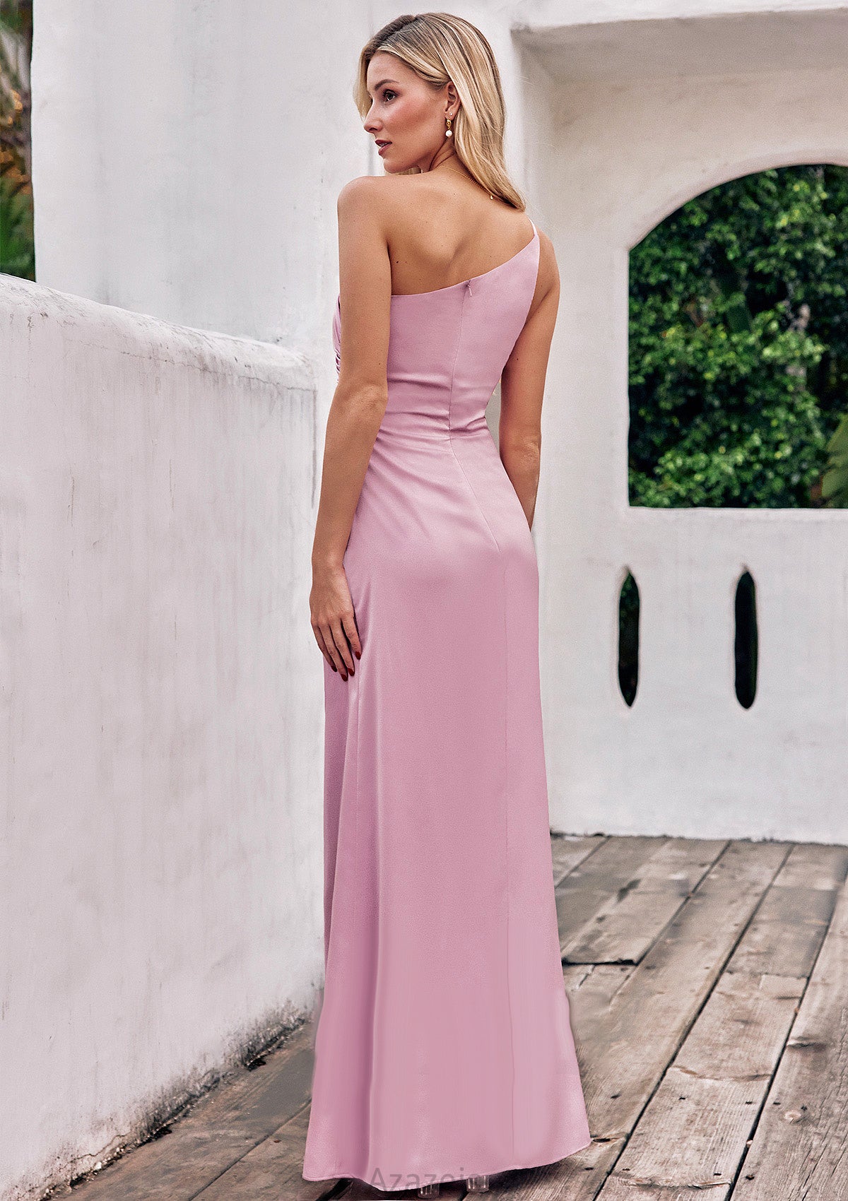 Sheath/Column One-Shoulder Sleeveless Floor-Length Stretch Satin Bridesmaid Dresses with Pleated Alyvia DFP0025221