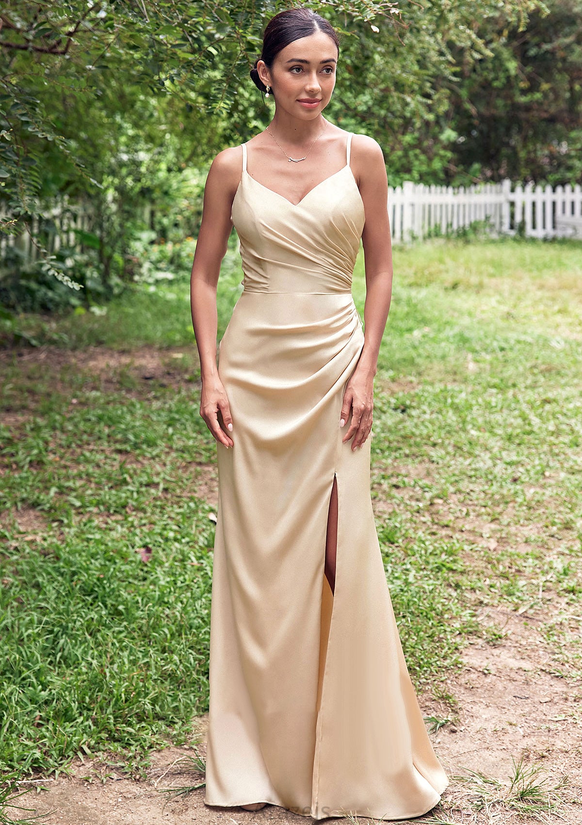 Sheath/Column V Neck Sleeveless Floor-Length Stretch Satin Bridesmaid Dresses with Pleated Split Cassie DFP0025222