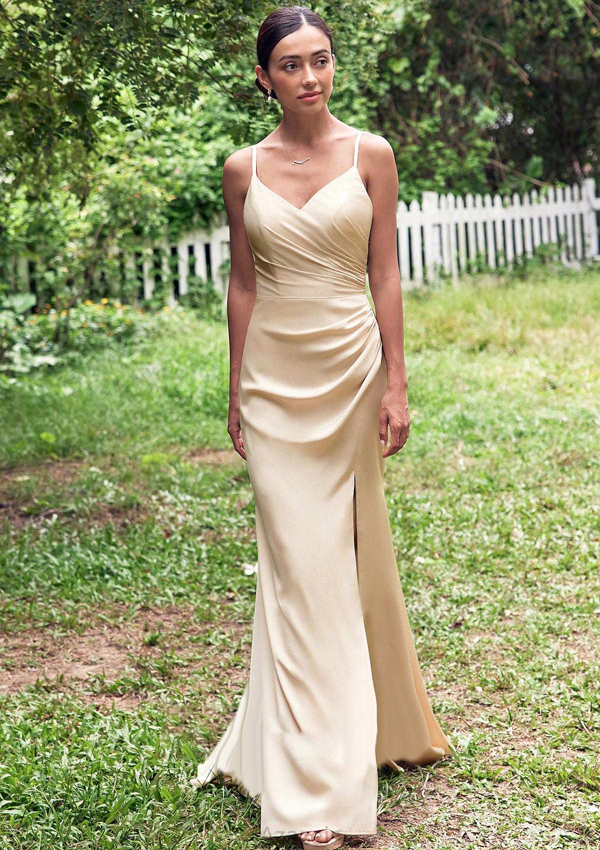 Sheath/Column V Neck Sleeveless Floor-Length Stretch Satin Bridesmaid Dresses with Pleated Split Cassie DFP0025222