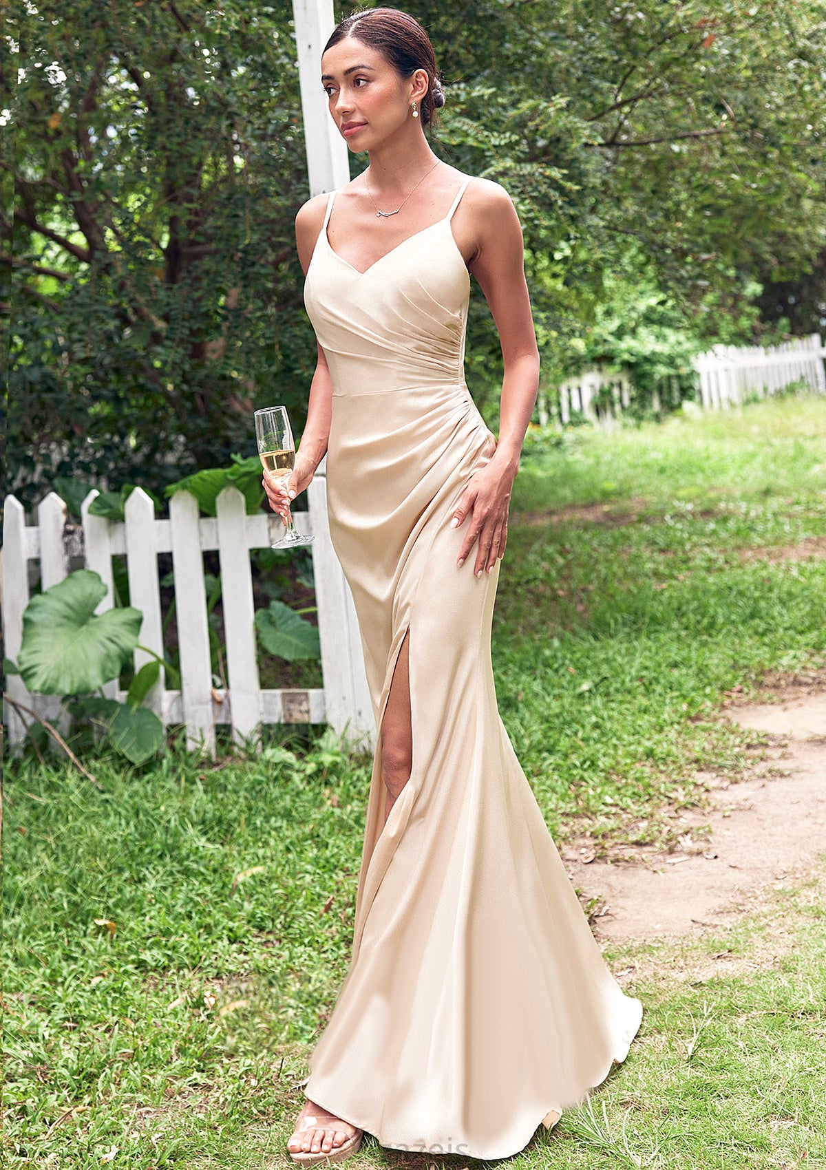 Sheath/Column V Neck Sleeveless Floor-Length Stretch Satin Bridesmaid Dresses with Pleated Split Cassie DFP0025222