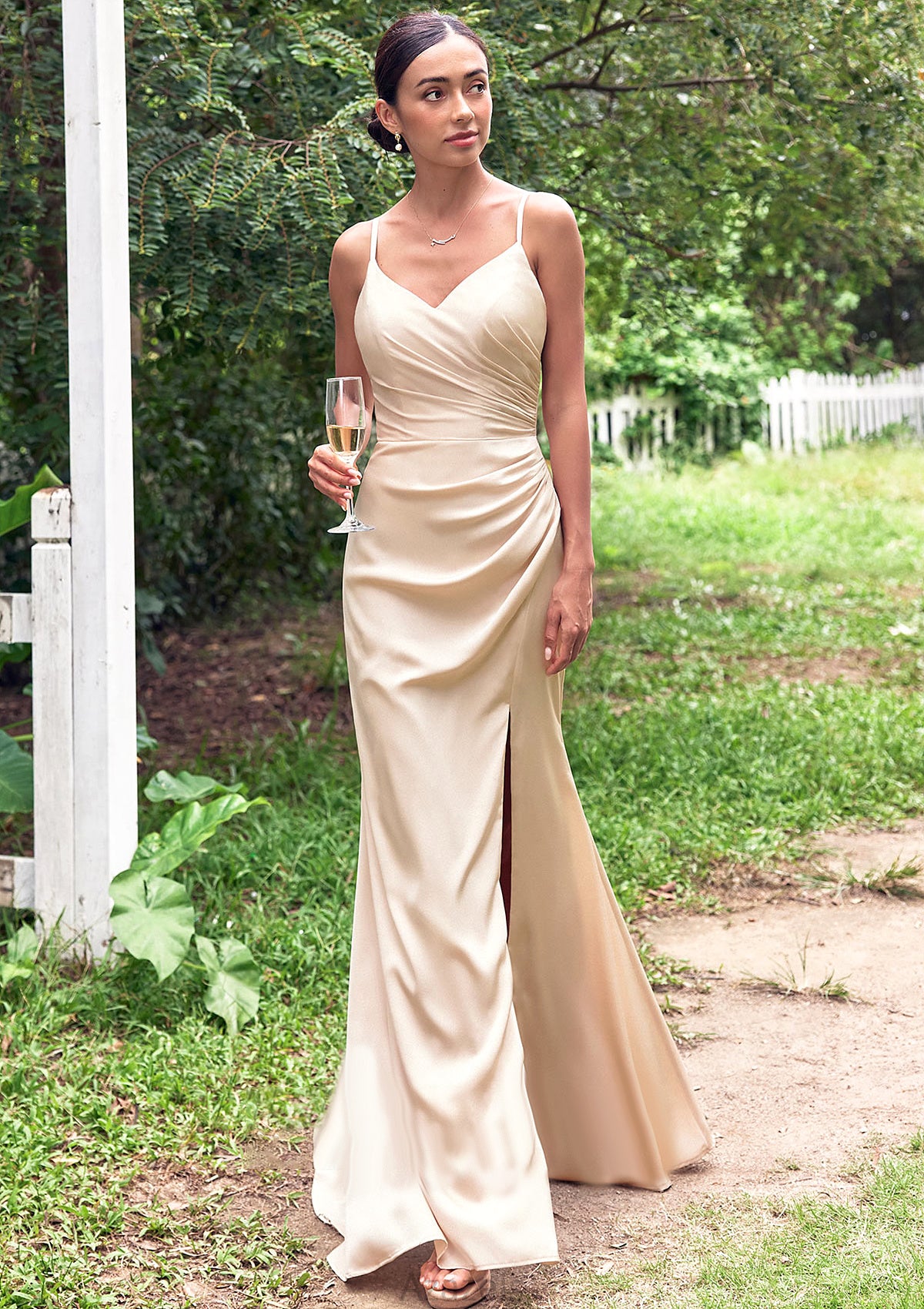 Sheath/Column V Neck Sleeveless Floor-Length Stretch Satin Bridesmaid Dresses with Pleated Split Cassie DFP0025222