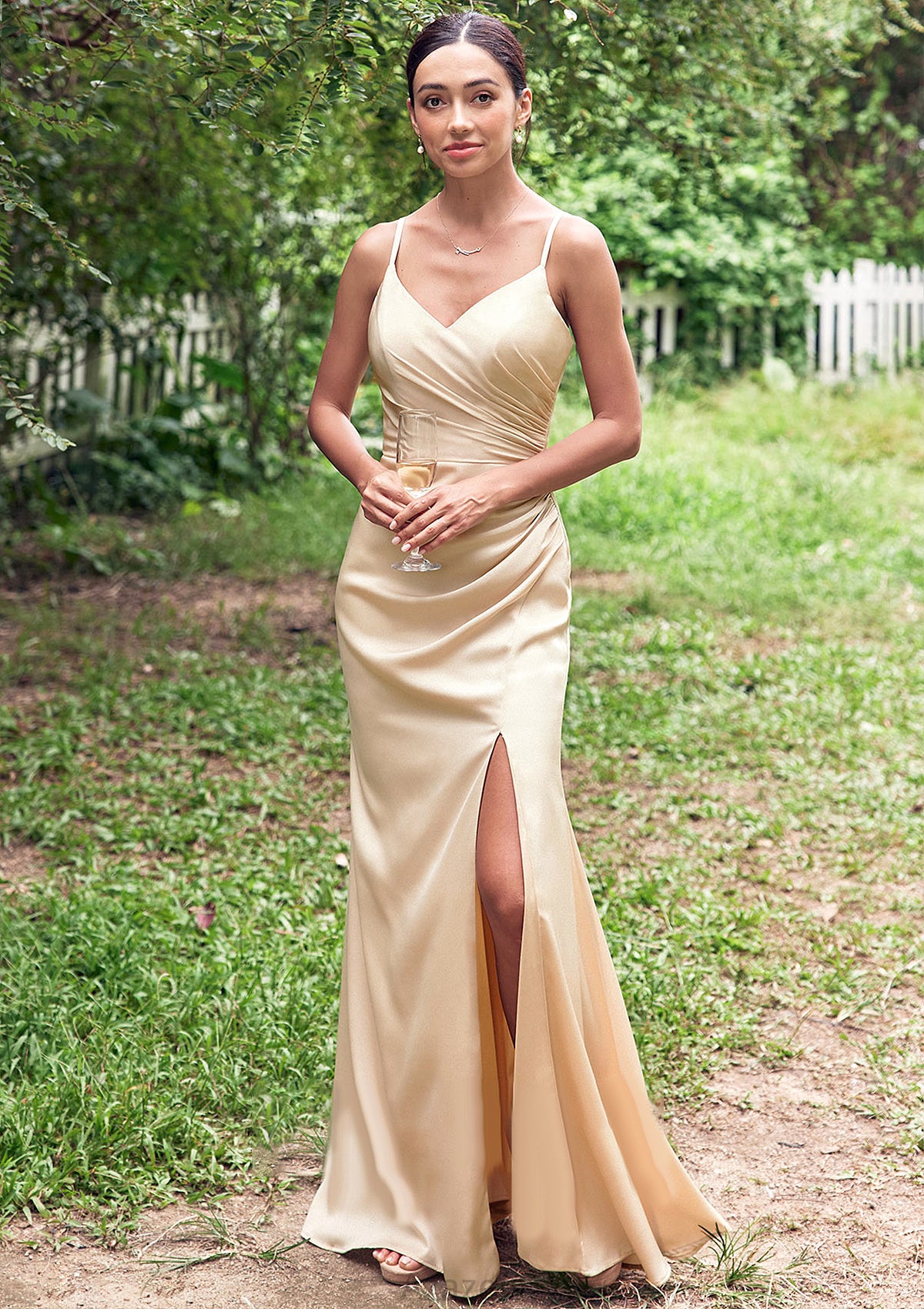 Sheath/Column V Neck Sleeveless Floor-Length Stretch Satin Bridesmaid Dresses with Pleated Split Cassie DFP0025222