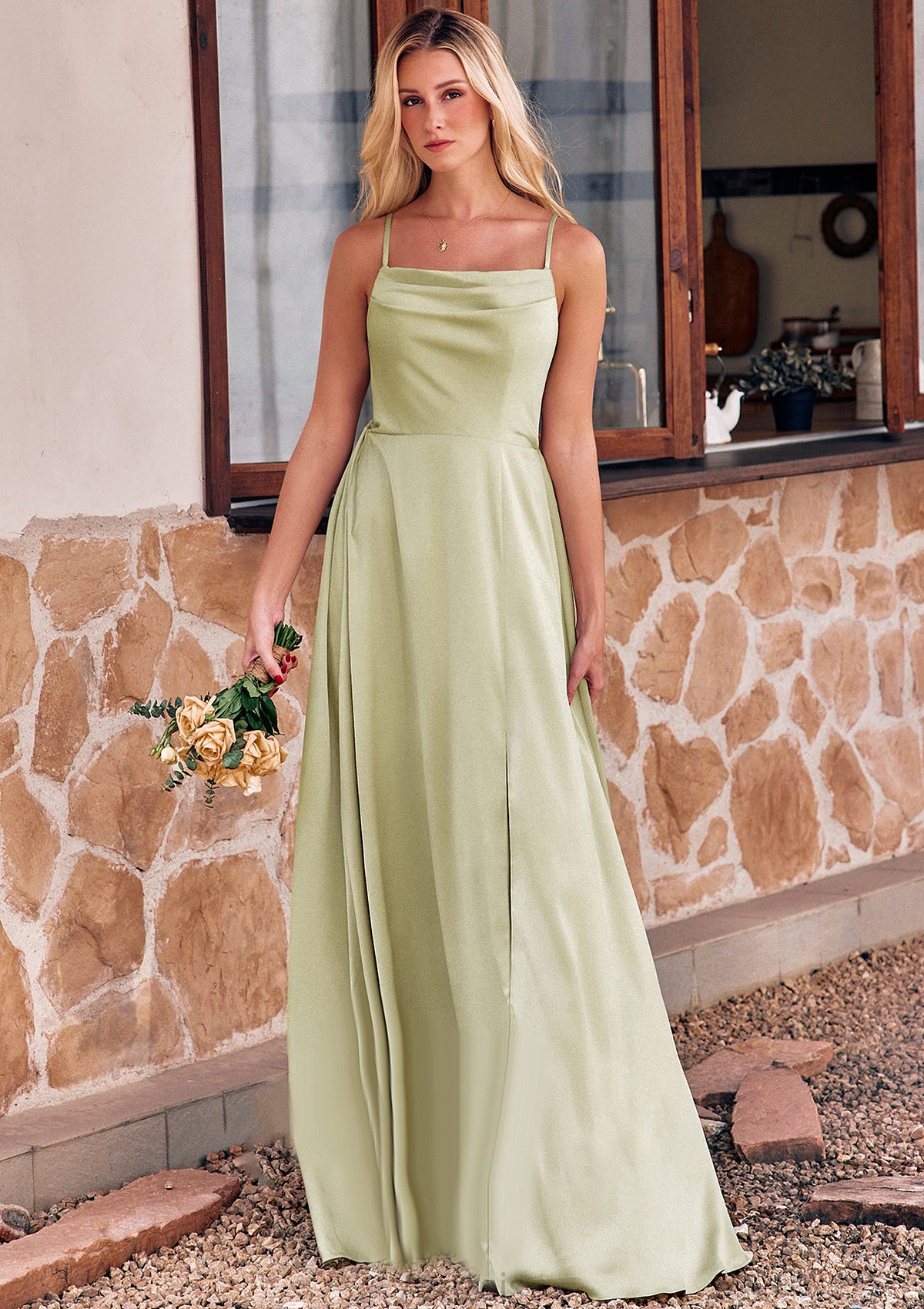 A-line Square Neckline Sleeveless Floor-Length Stretch Satin Bridesmaid Dresses with Bowknot Split Marcie DFP0025223