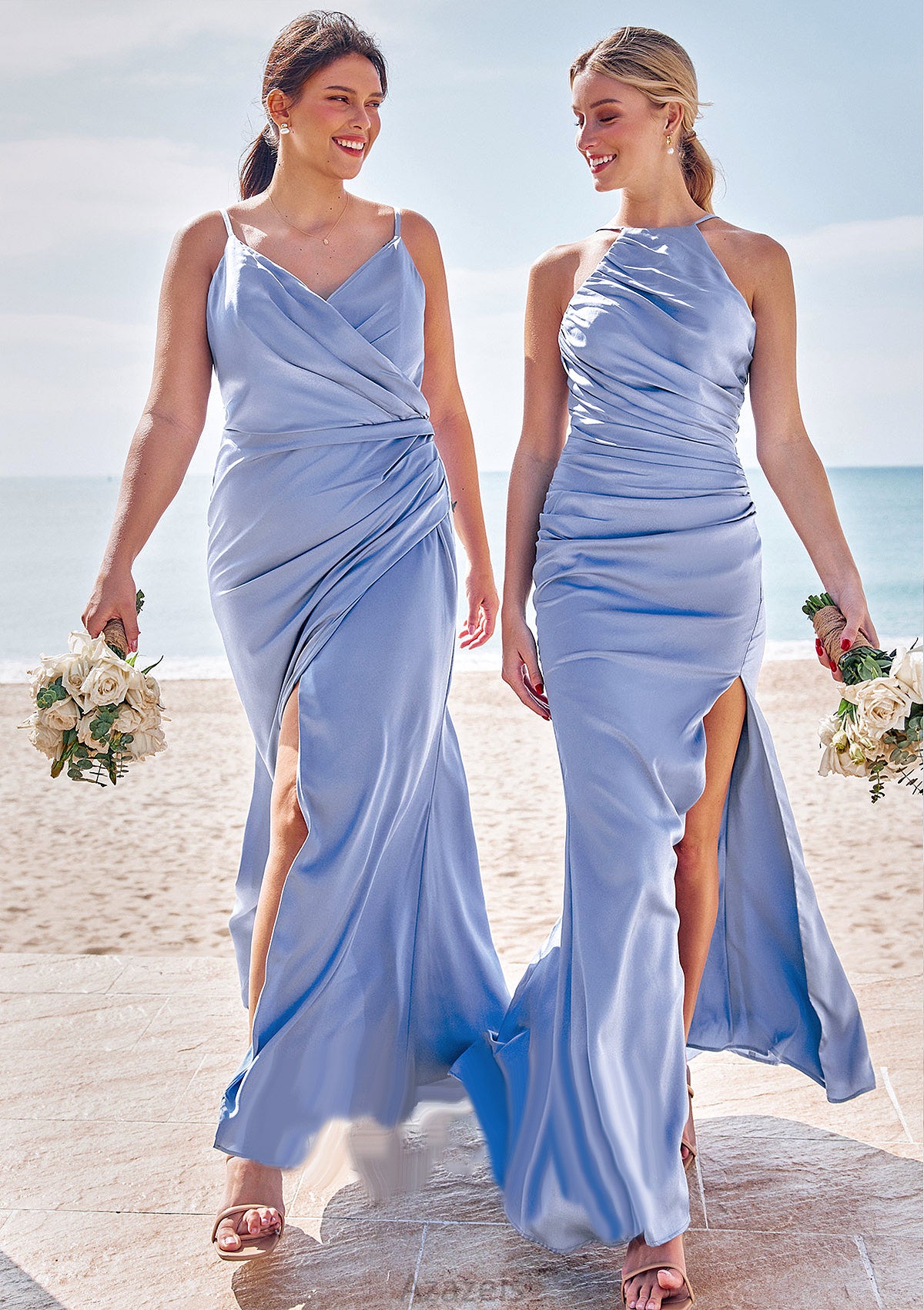 Sheath/Column Halter Sleeveless Floor-Length Stretch Satin Bridesmaid Dresses with Pleated Split Allie DFP0025224