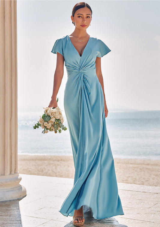 Sheath/Column V Neck Short Sleeve Floor-Length Stretch Satin Bridesmaid Dresses with Pleated Skylar DFP0025225