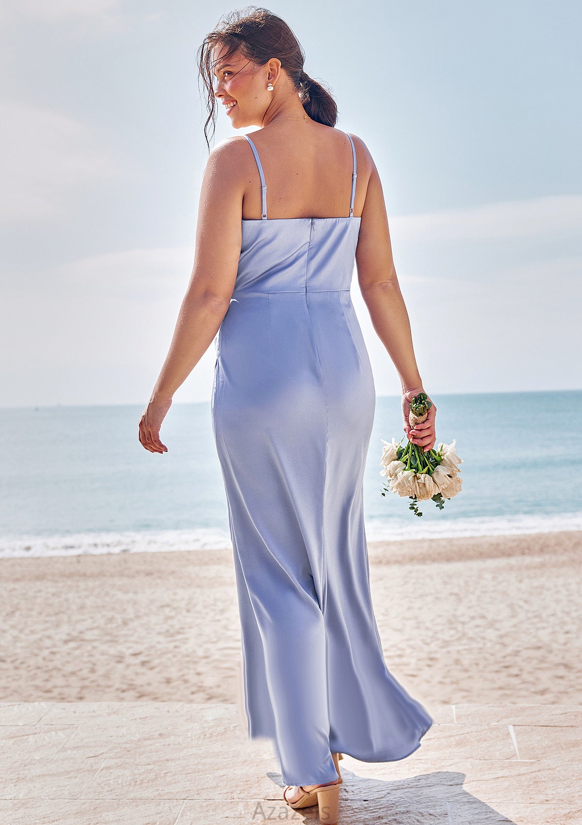 Sheath/Column V Neck Sleeveless Floor-Length Stretch Satin Bridesmaid Dresses with Pleated Split Olga DFP0025227