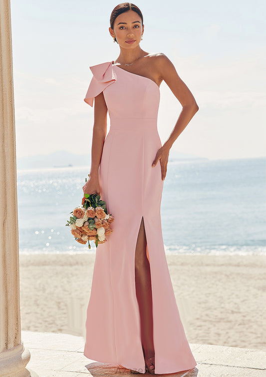 Sheath/Column One-Shoulder Sleeveless Floor-Length Stretch Crepe Bridesmaid Dresses with Bowknot Split Emery DFP0025230