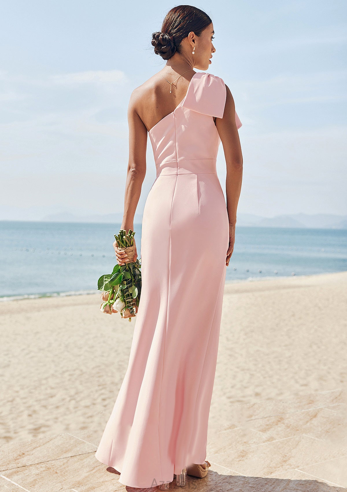 Sheath/Column One-Shoulder Sleeveless Floor-Length Stretch Crepe Bridesmaid Dresses with Bowknot Split Emery DFP0025230