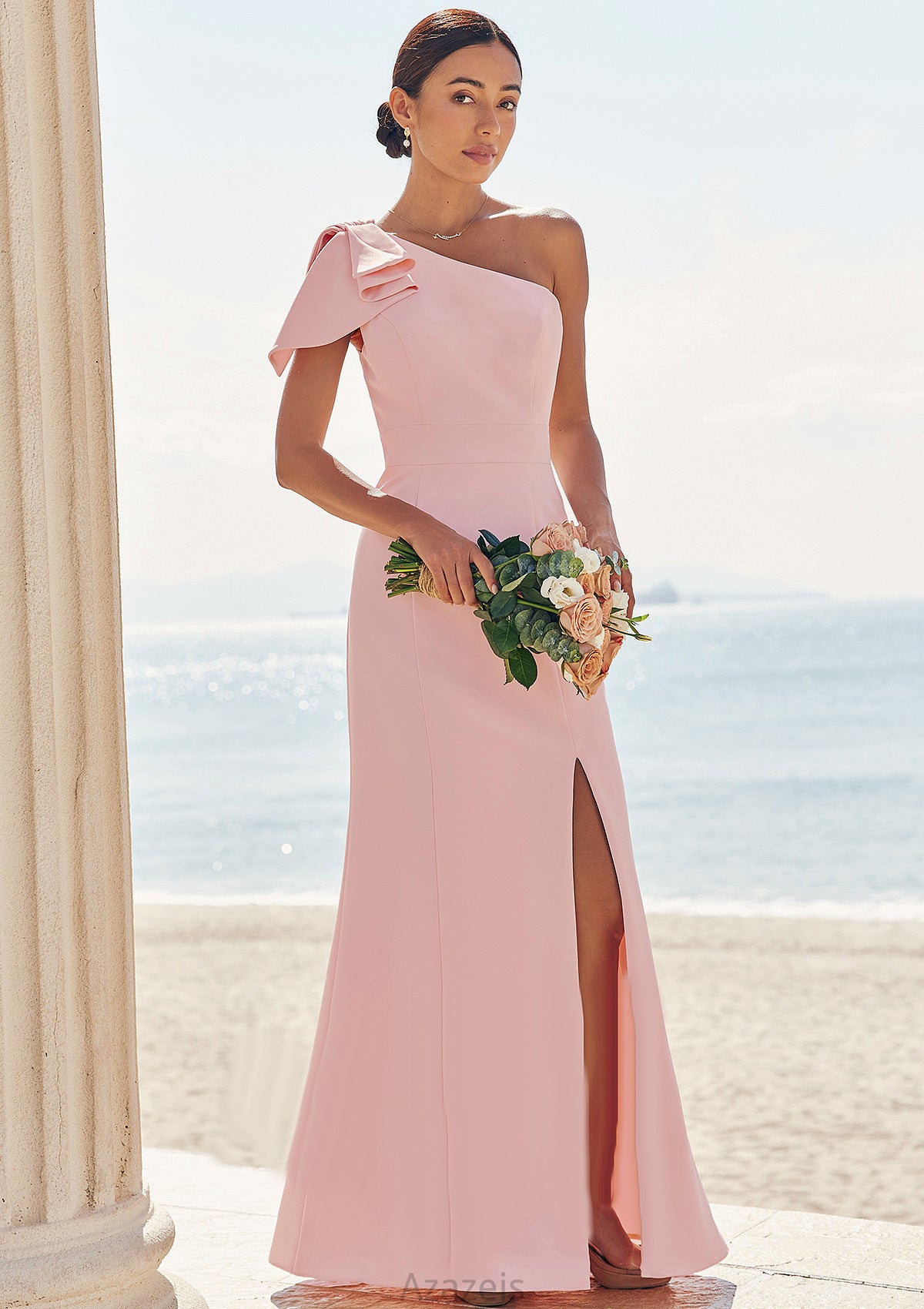 Sheath/Column One-Shoulder Sleeveless Floor-Length Stretch Crepe Bridesmaid Dresses with Bowknot Split Emery DFP0025230