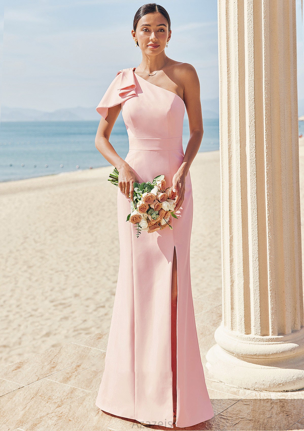 Sheath/Column One-Shoulder Sleeveless Floor-Length Stretch Crepe Bridesmaid Dresses with Bowknot Split Emery DFP0025230