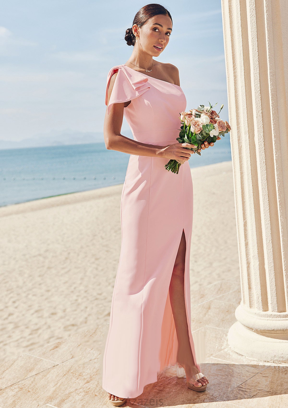 Sheath/Column One-Shoulder Sleeveless Floor-Length Stretch Crepe Bridesmaid Dresses with Bowknot Split Emery DFP0025230