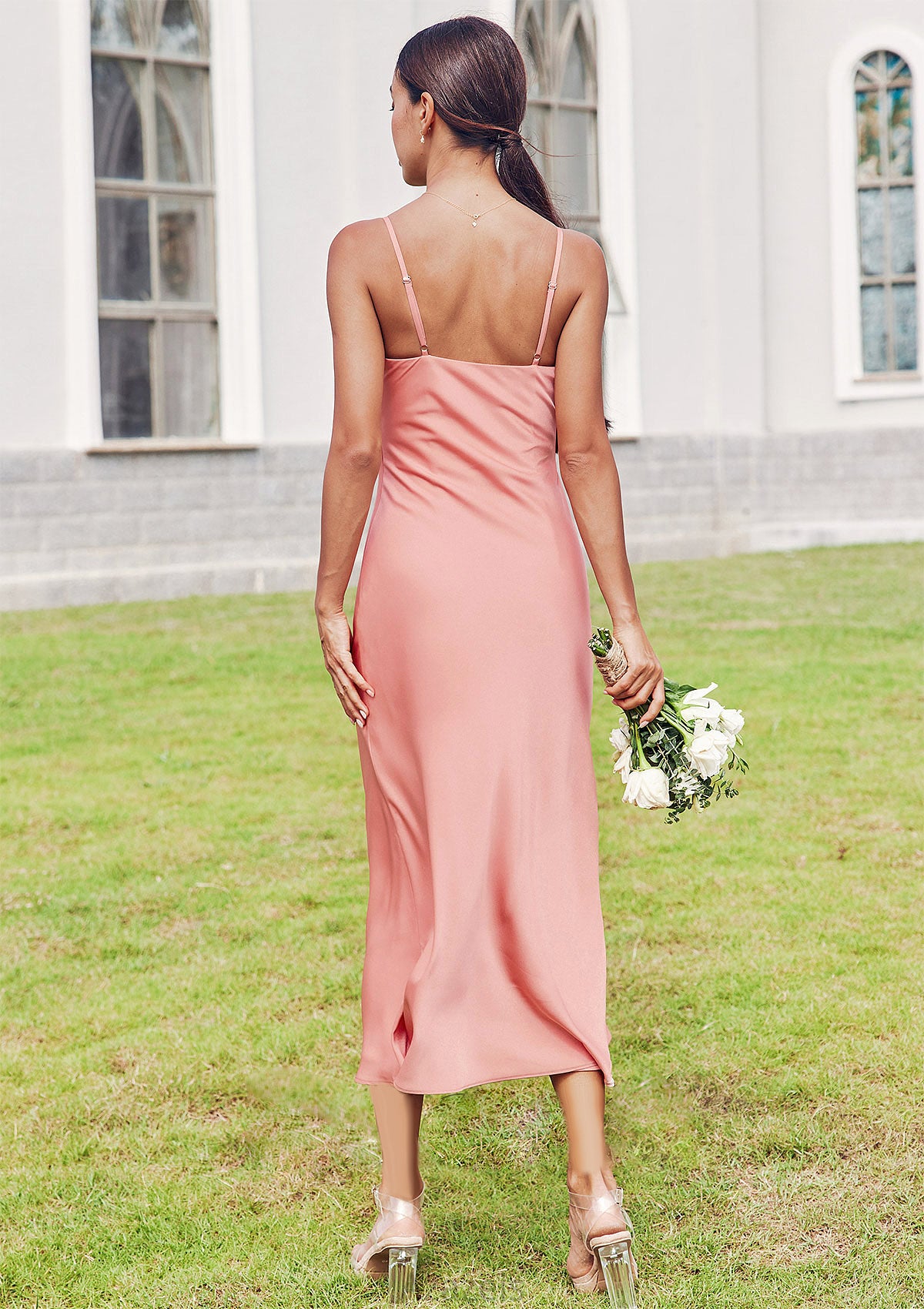 Sheath/Column Cowl Neck Sleeveless Tea-Length Stretch Satin Bridesmaid Dresses Yamilet DFP0025232