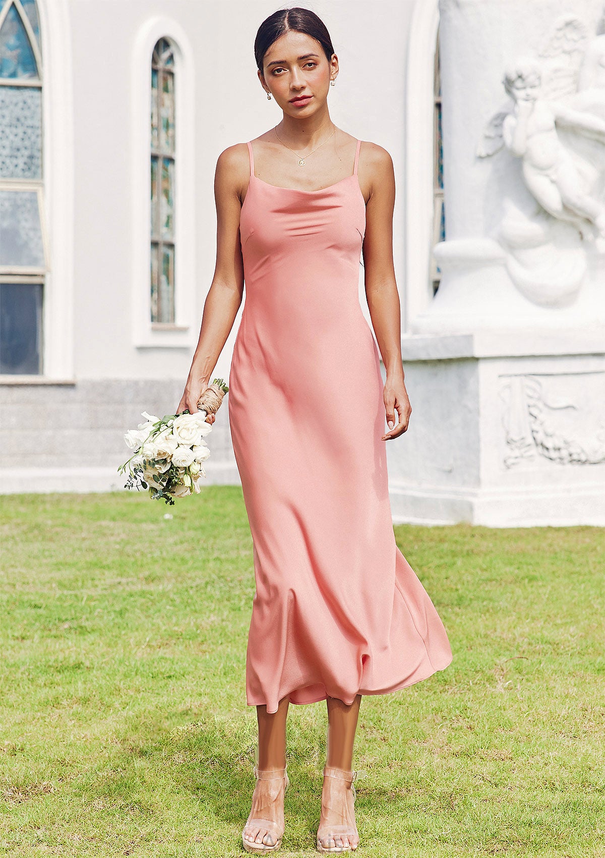 Sheath/Column Cowl Neck Sleeveless Tea-Length Stretch Satin Bridesmaid Dresses Yamilet DFP0025232