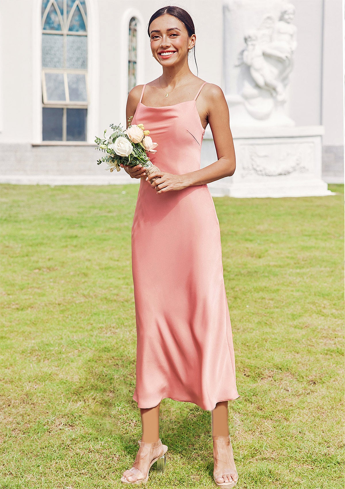 Sheath/Column Cowl Neck Sleeveless Tea-Length Stretch Satin Bridesmaid Dresses Yamilet DFP0025232