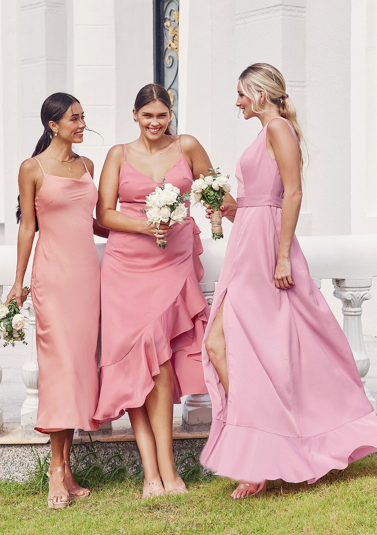 Sheath/Column Cowl Neck Sleeveless Tea-Length Stretch Satin Bridesmaid Dresses Yamilet DFP0025232