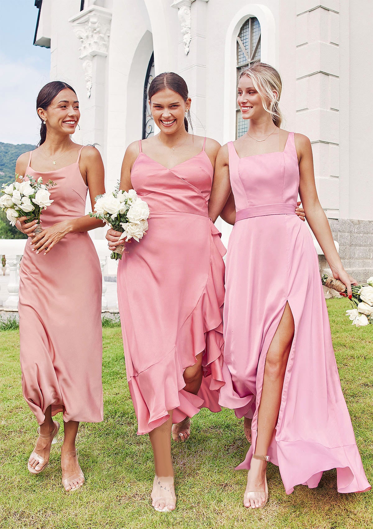 Sheath/Column Cowl Neck Sleeveless Tea-Length Stretch Satin Bridesmaid Dresses Yamilet DFP0025232