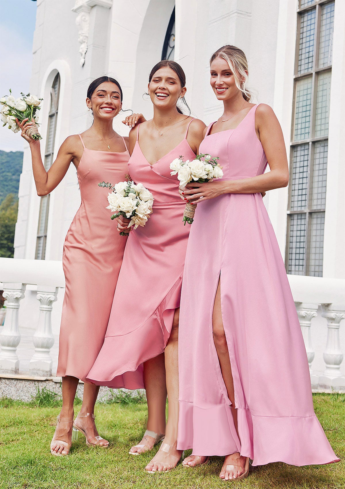 Sheath/Column Cowl Neck Sleeveless Tea-Length Stretch Satin Bridesmaid Dresses Yamilet DFP0025232