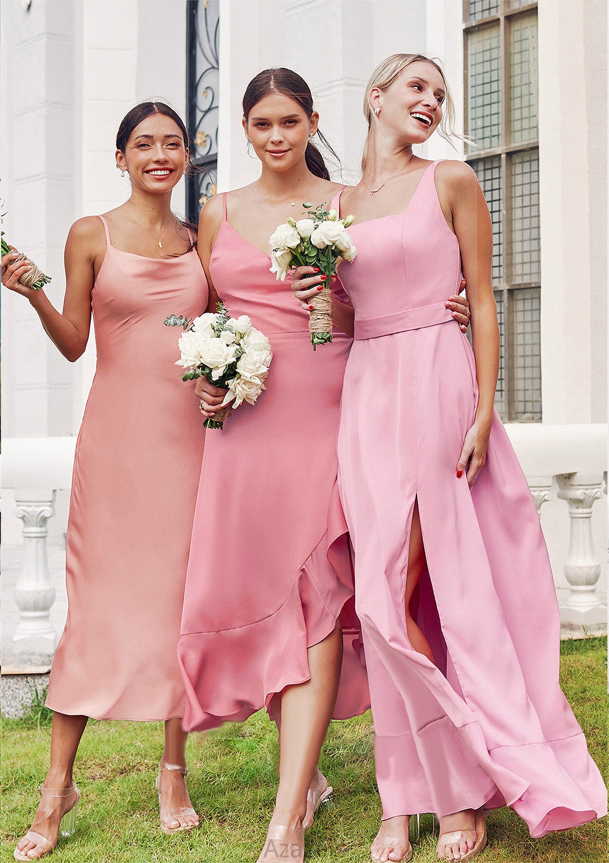 Sheath/Column Cowl Neck Sleeveless Tea-Length Stretch Satin Bridesmaid Dresses Yamilet DFP0025232