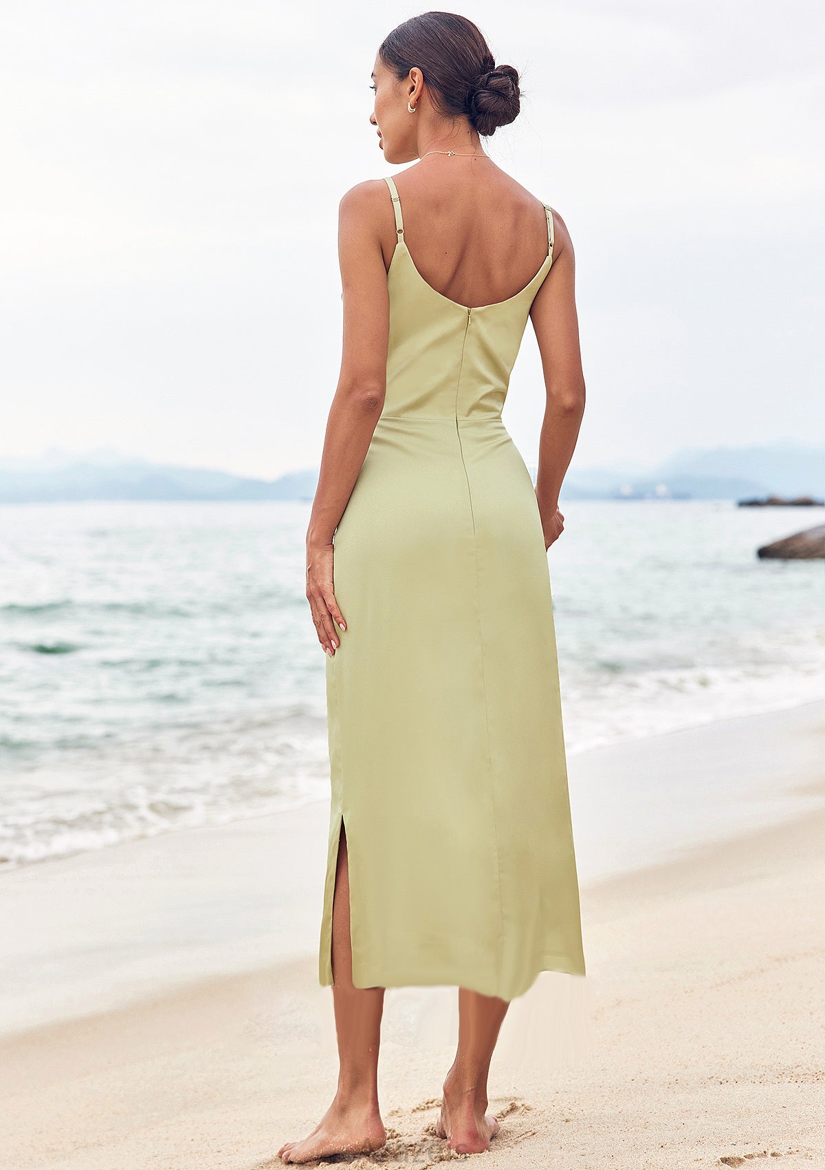 Sheath/Column V Neck Sleeveless Tea-Length Stretch Satin Bridesmaid Dresses with Pleated Split Joselyn DFP0025233