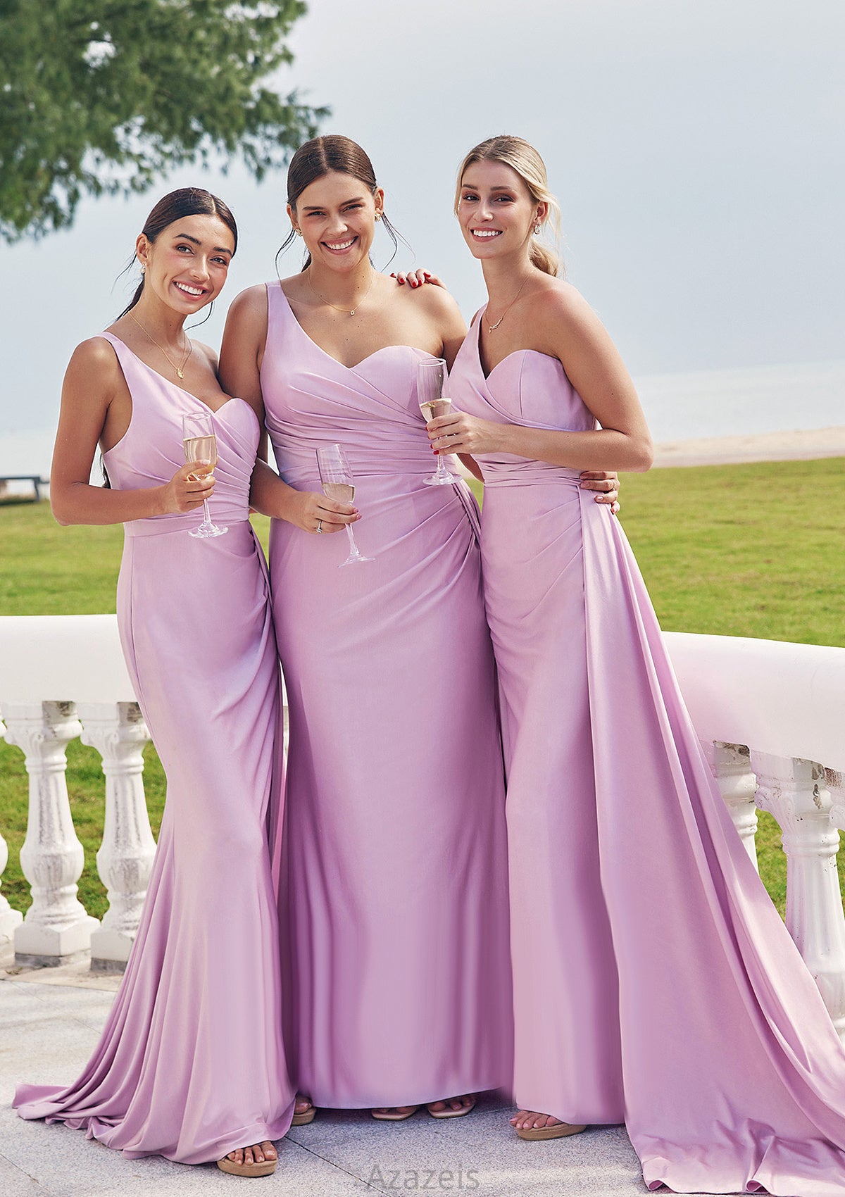 Trumpet/Mermaid One-Shoulder Sleeveless Floor-Length Jersey Bridesmaid Dresses with Pleated Side Draping Lillie DFP0025234