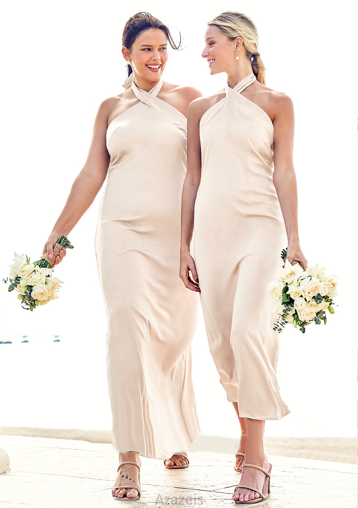 Sheath/Column Halter Sleeveless Ankle-Length Stretch Satin Bridesmaid Dresses with Bowknot Annalise DFP0025236