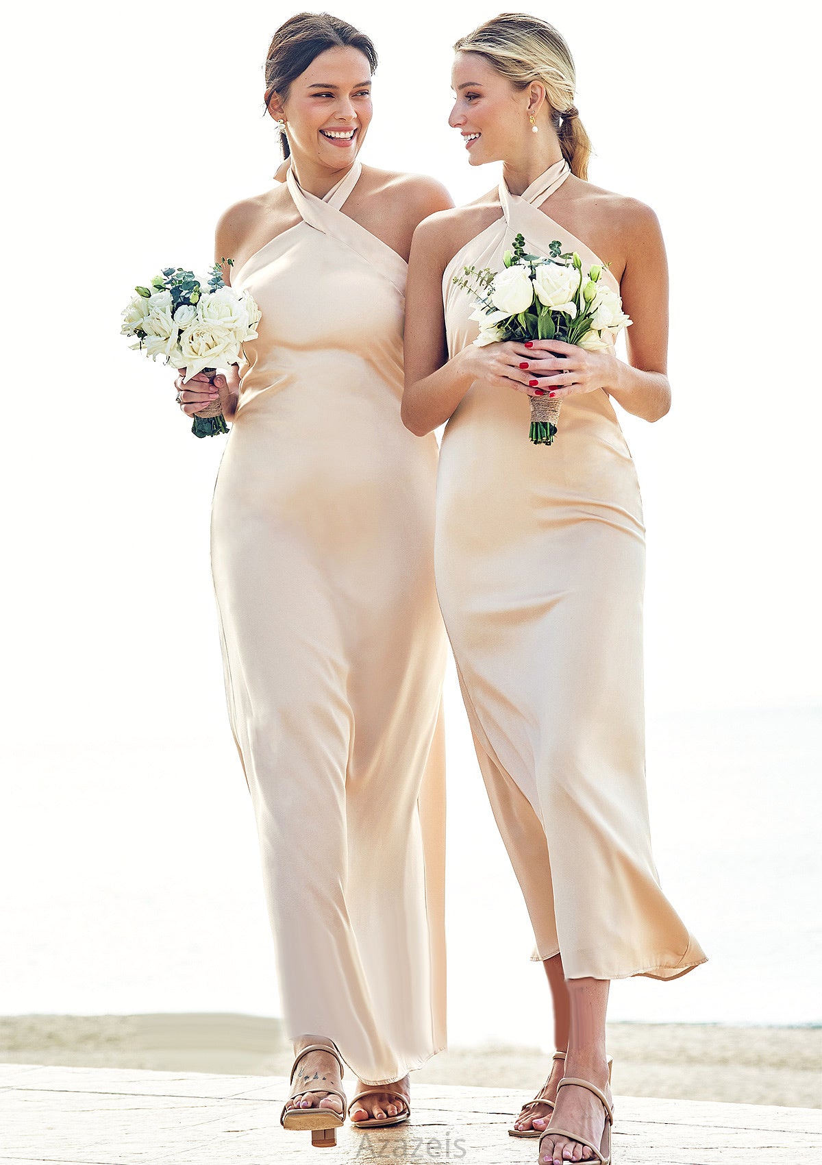 Sheath/Column Halter Sleeveless Ankle-Length Stretch Satin Bridesmaid Dresses with Bowknot Annalise DFP0025236