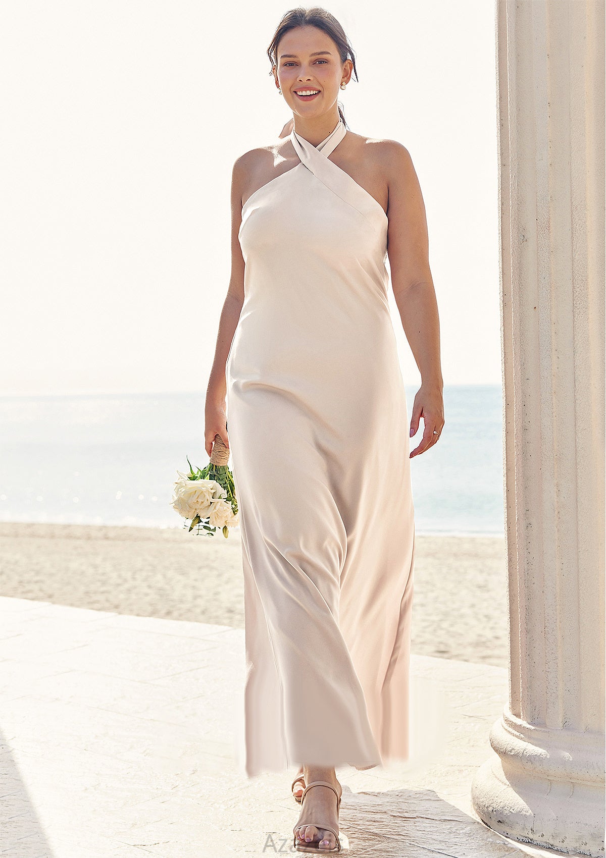 Sheath/Column Halter Sleeveless Ankle-Length Stretch Satin Plus Size Bridesmaid Dresses with Bowknot Roberta DFP0025237